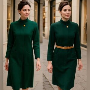 70s GILLAN WOOL DK GREEN QUIET LUXURY MIDI DRESS W DECORATIVE GOLD BUTTON SZ 4